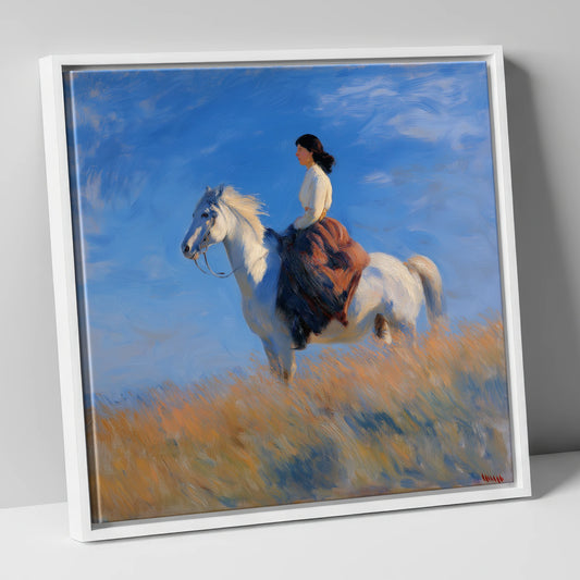 Across the Golden Fields horse & rider canvas wall art in white frame