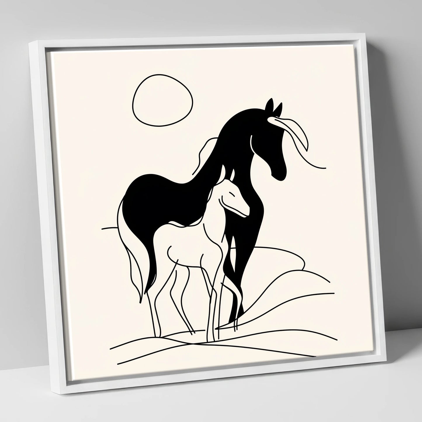 Silhouette of Devotion mare & foal canvas wall art in white frame