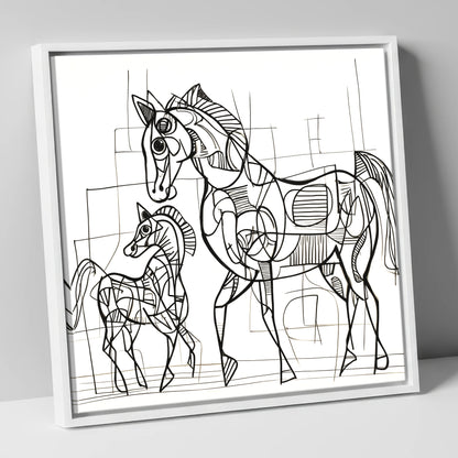 Linear Connection mare & foal canvas wall art in white frame