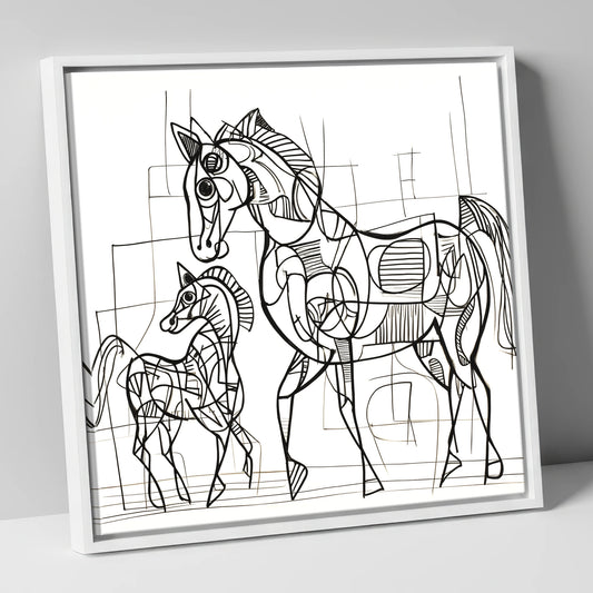 Linear Connection mare & foal canvas wall art in white frame