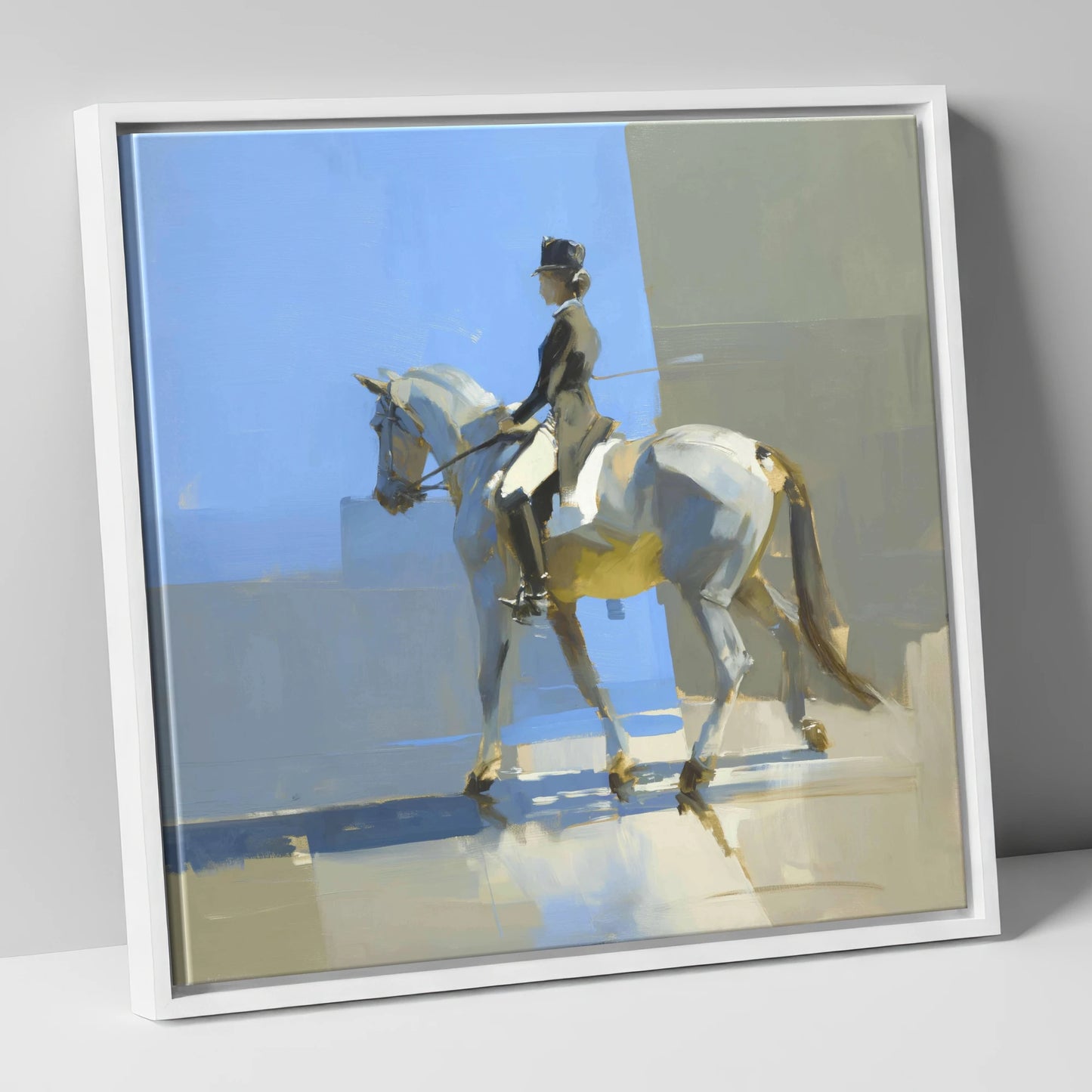 Collected in the Light dressage horse canvas wall art in white frame