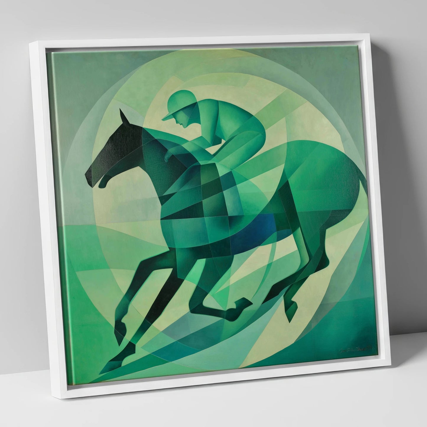 Emerald Rhythm racing horse canvas wall art in white frame