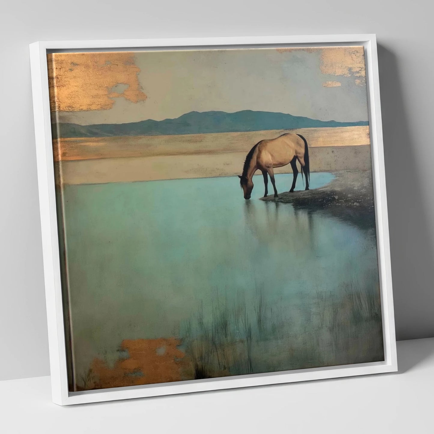Gilded Solitude at Dusk horse landscape canvas wall art in white frame