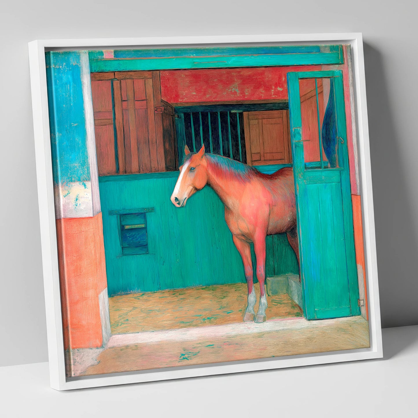 The Emerald Stable Door horse stable canvas wall art in white frame