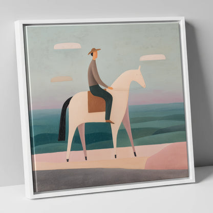 Minimalist Coastal Rider beach horse canvas wall art in white frame