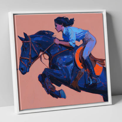 Indigo Flight show jumping horse canvas wall art in white frame