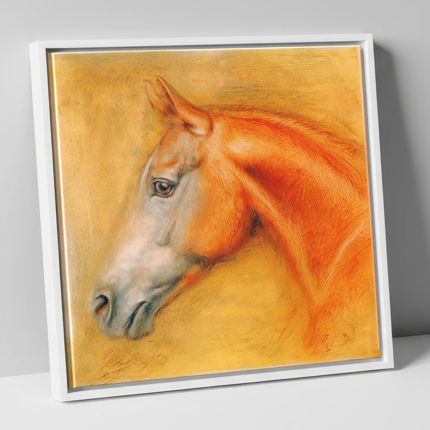 Radiant Chestnut Profile racing horse canvas wall art in white frame