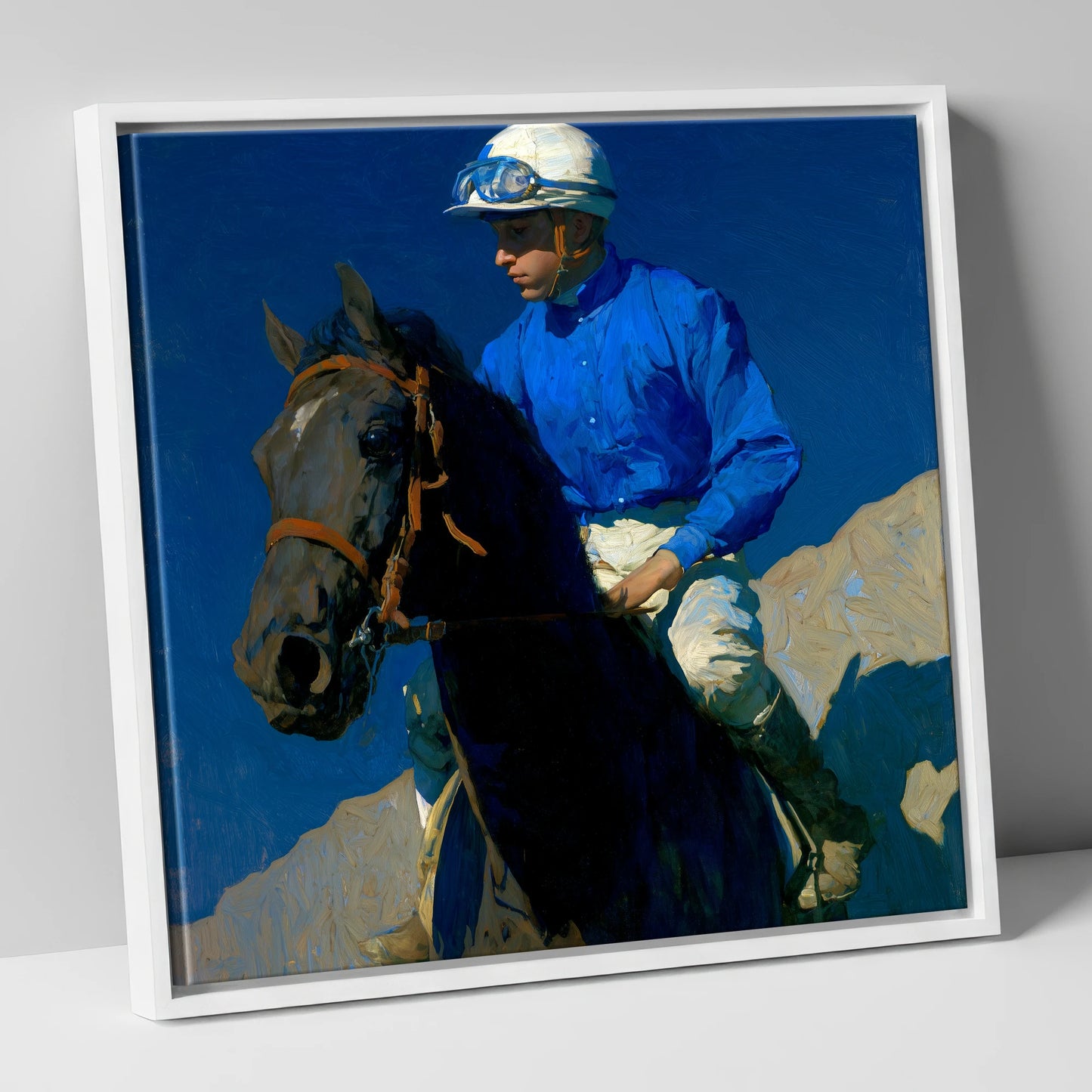 Focus Under Cobalt Skies racing horse canvas wall art in white frame