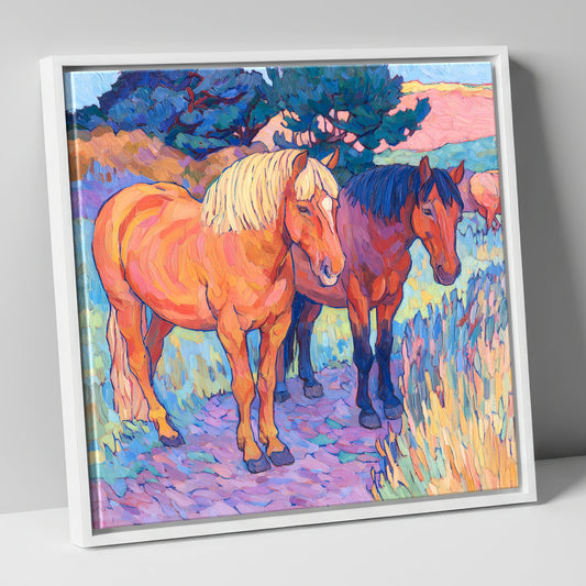 Sunset Pasture Companions horse landscape canvas wall art in white frame