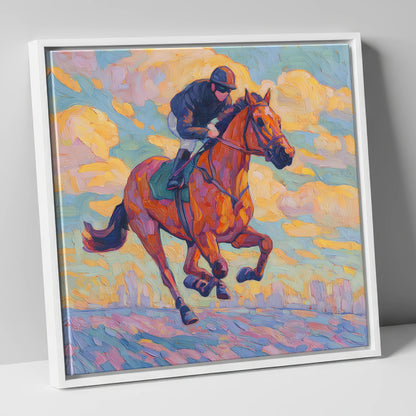 Technicolour Gallop racing horse canvas wall art in white frame