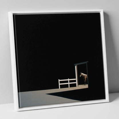 Morning Shadows horse stable canvas wall art in white frame