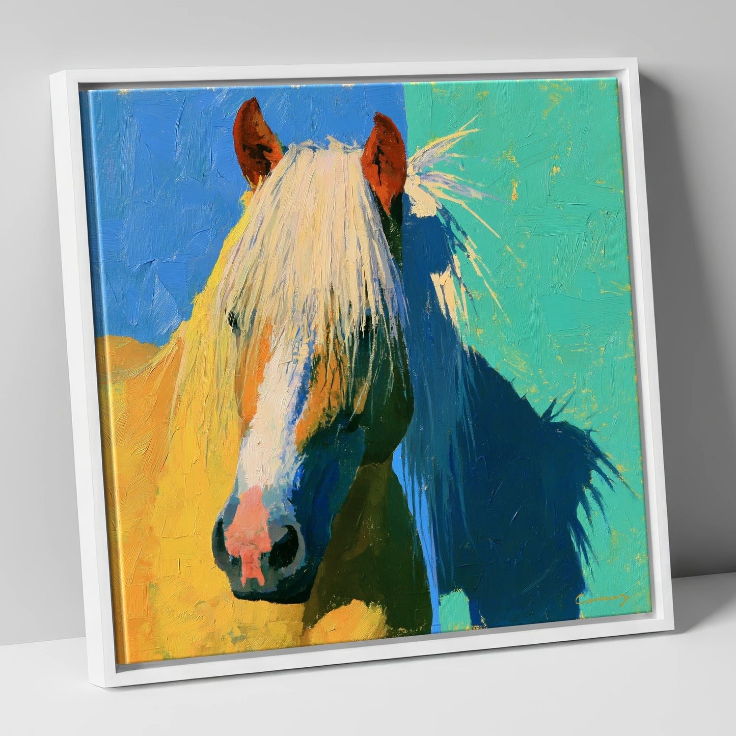 Vibrant Palomino Horse Portrait horse breed canvas wall art in white frame