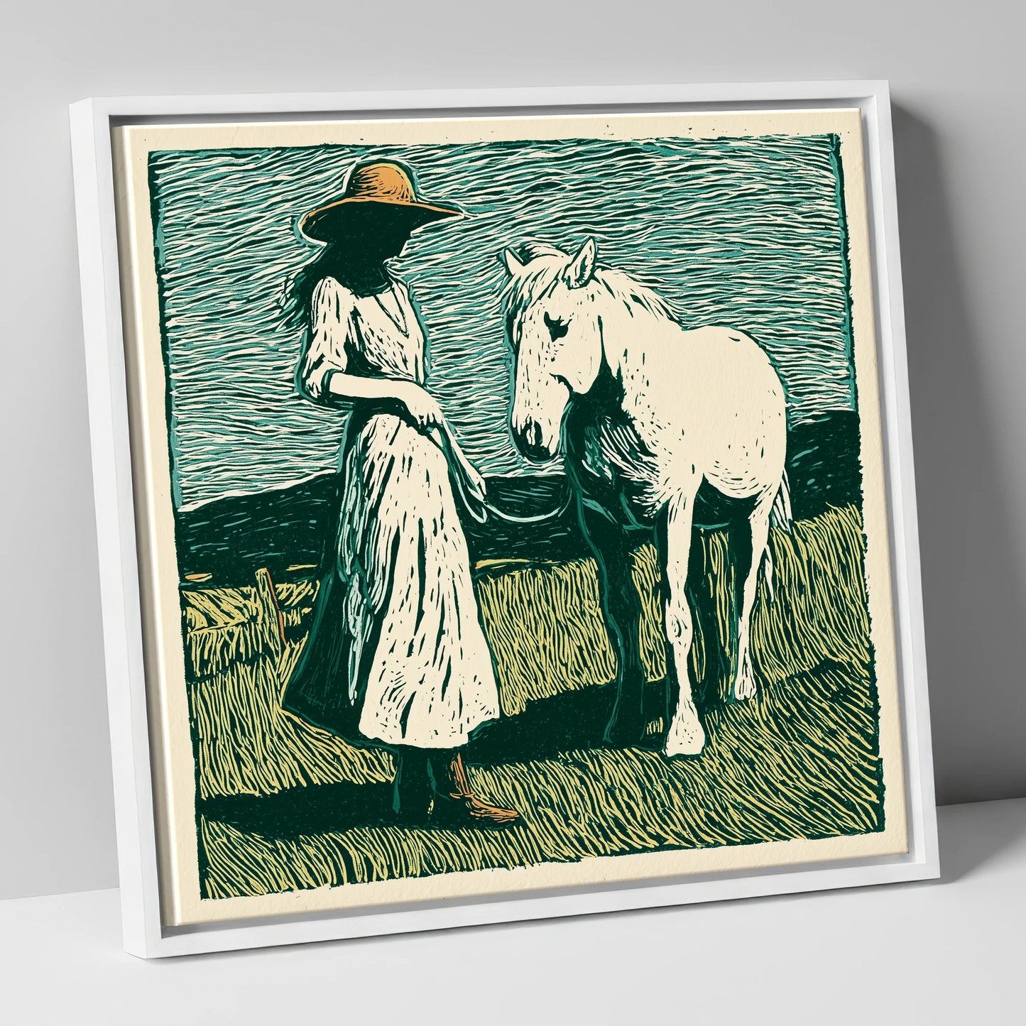 Windswept Companions horse & rider canvas wall art in white frame