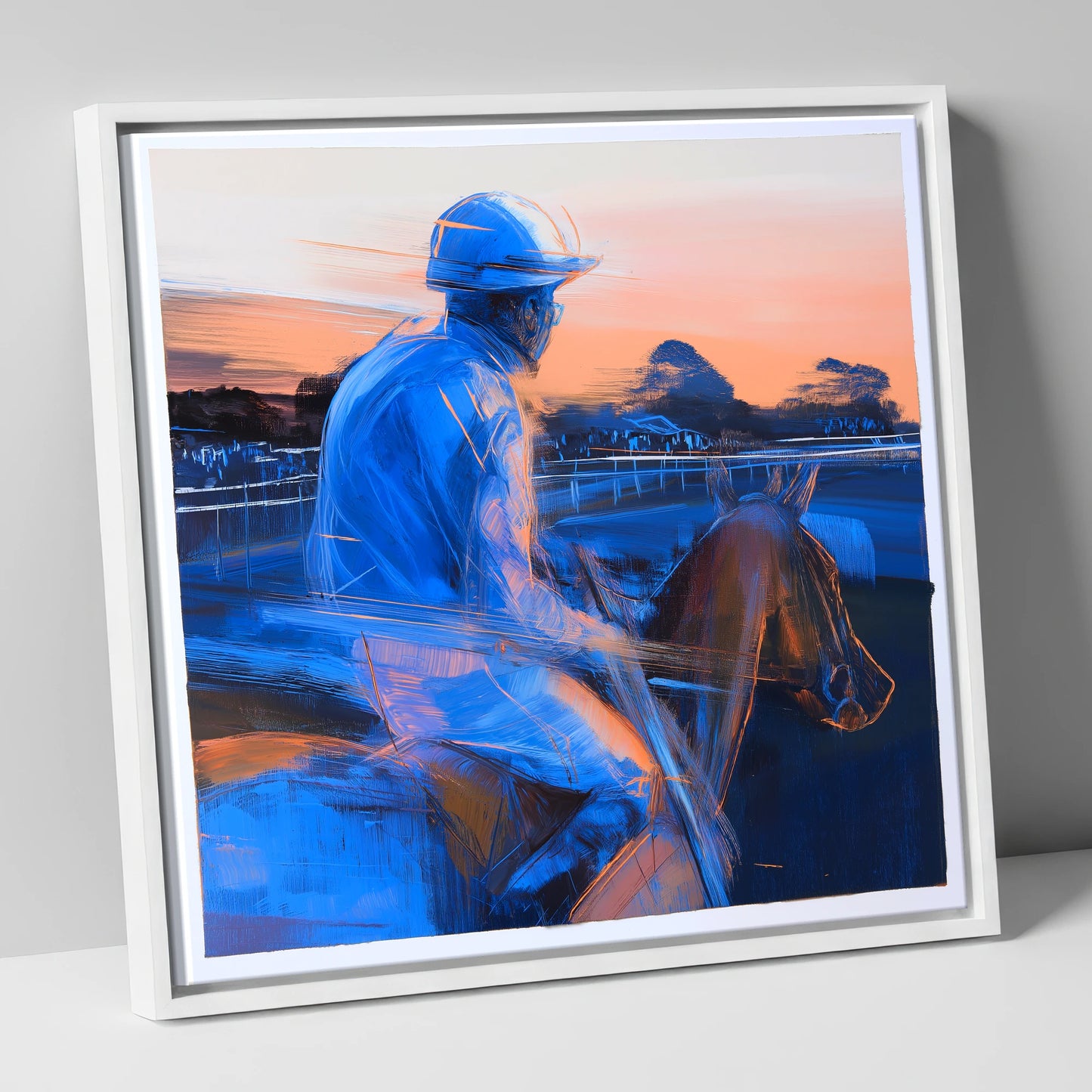 Dawn on the Gallops racing horse canvas wall art in white frame