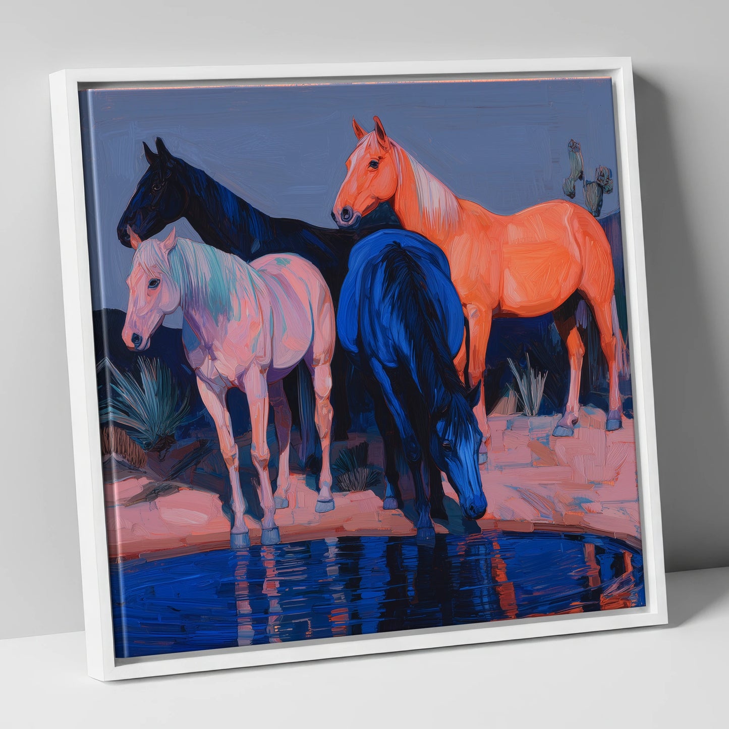 Vivid Desert Oasis wild horses canvas wall art in white frame