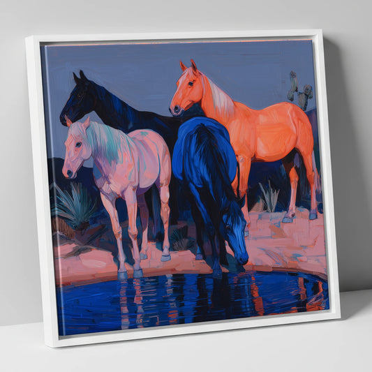 Vivid Desert Oasis wild horses canvas wall art in white frame