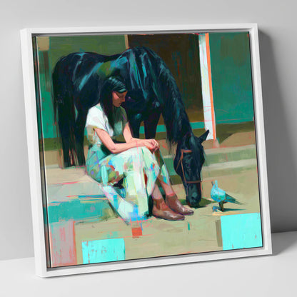 Stillness in the Yard horse & rider canvas wall art in white frame