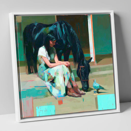 Stillness in the Yard horse & rider canvas wall art in white frame