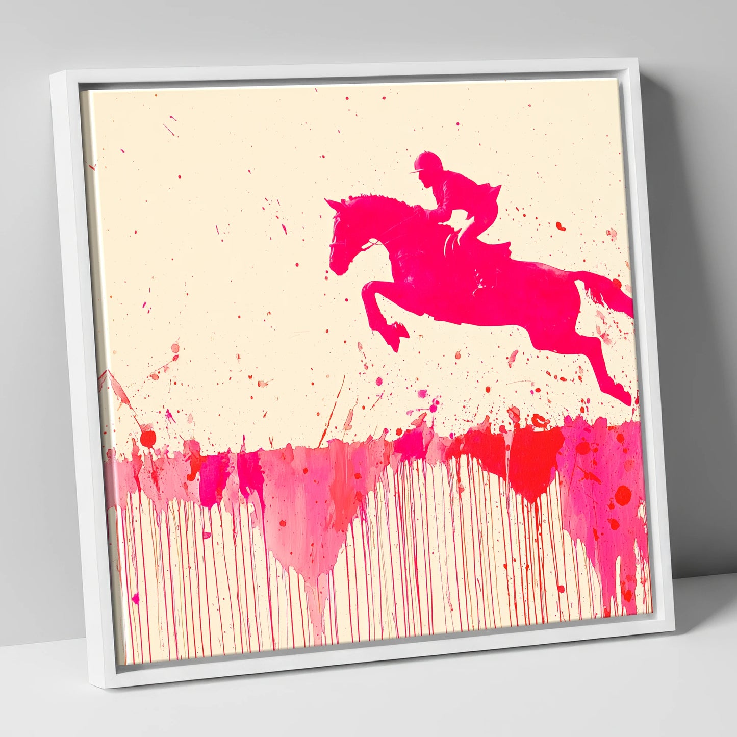 Magenta Flight show jumping horse canvas wall art in white frame
