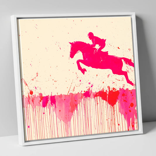Magenta Flight show jumping horse canvas wall art in white frame