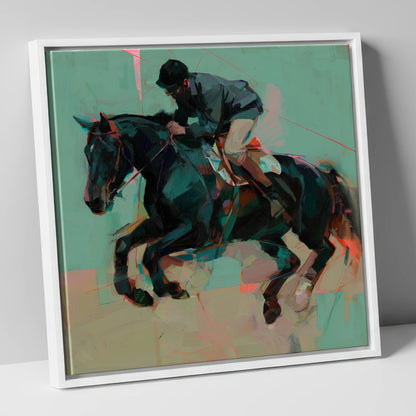 Modern Showjumper show jumping horse canvas wall art in white frame