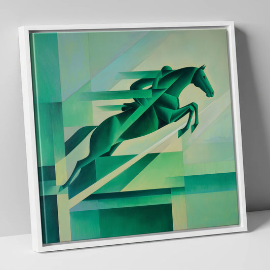 Emerald Momentum show jumping horse canvas wall art in white frame