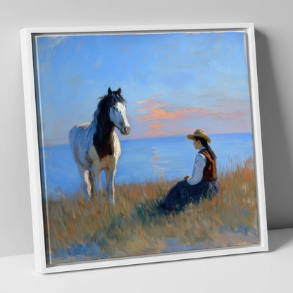 The Coastal Companion horse & rider canvas wall art in white frame