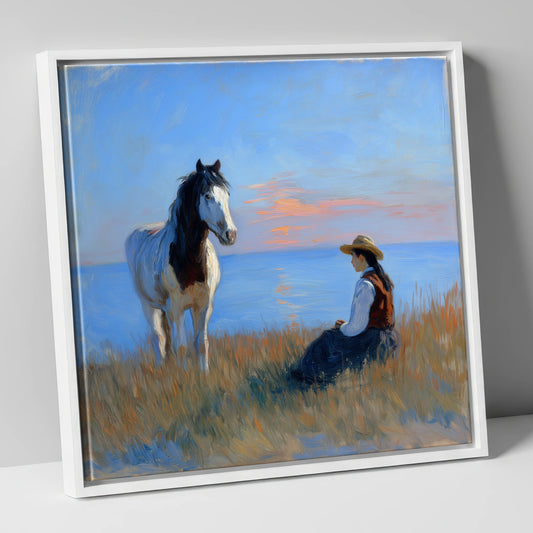 The Coastal Companion horse & rider canvas wall art in white frame