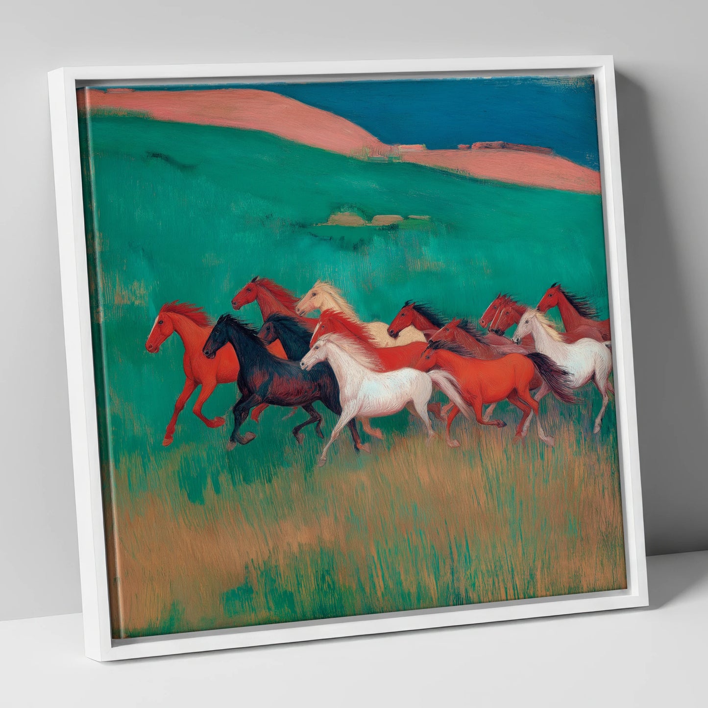 Crimson and Emerald Herd wild horses canvas wall art in white frame