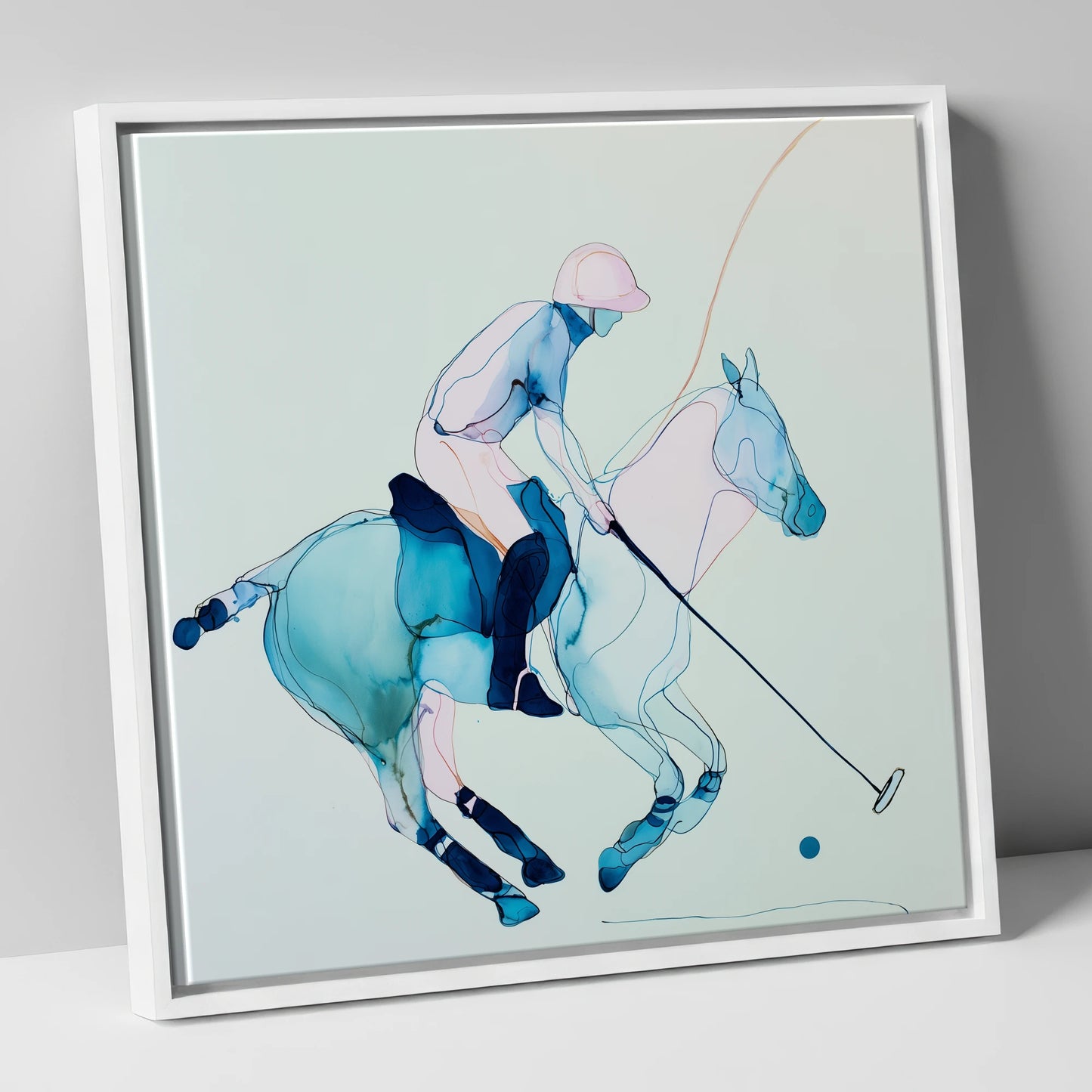 Cerulean Chukka polo horse canvas wall art in white frame