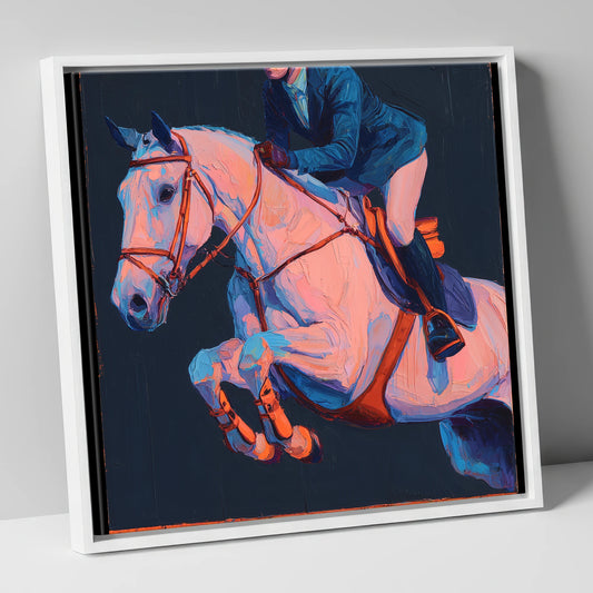 Vibrant Indigo Flight show jumping horse canvas wall art in white frame