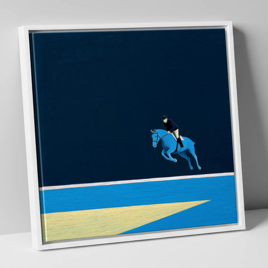 Midnight Blue Suspension show jumping horse canvas wall art in white frame