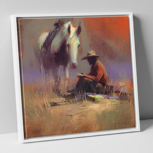 The Rider's Rest horse & rider canvas wall art in white frame