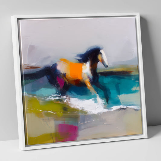 Vibrant Coastal Canter beach horse canvas wall art in white frame