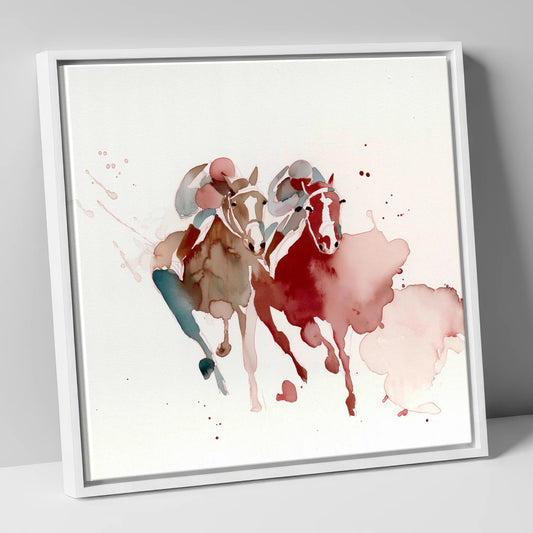 The Final Furlong racing horse canvas wall art in white frame