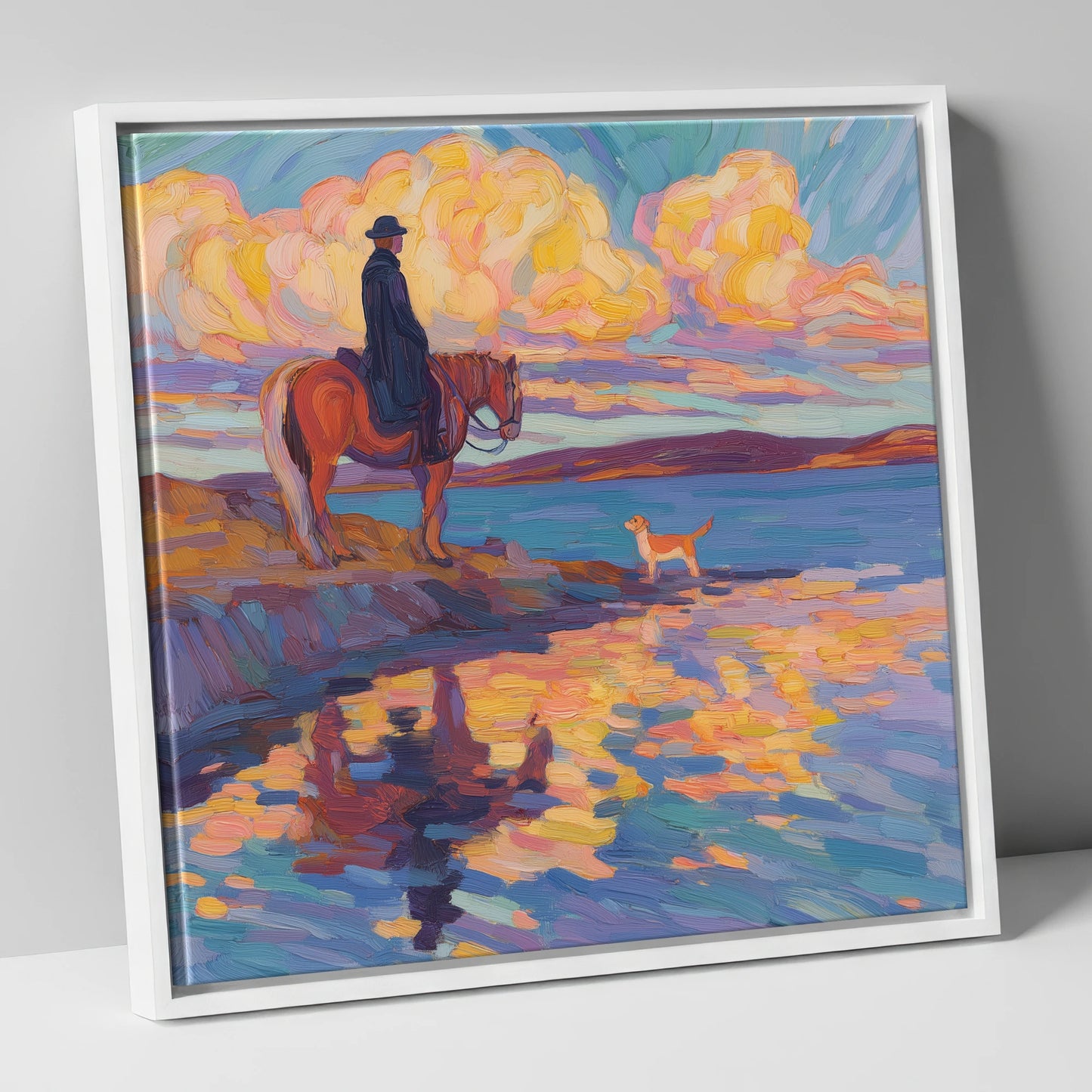 Evening Tide Halt beach horse canvas wall art in white frame