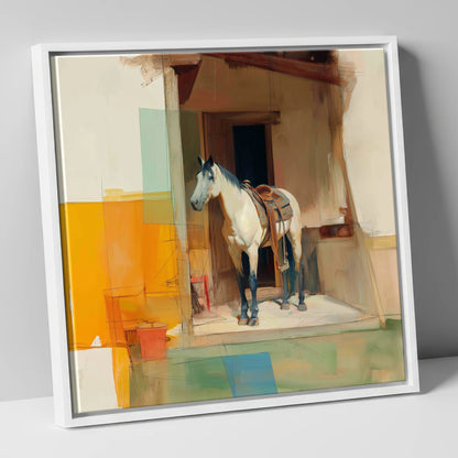 The Waiting Grey horse stable canvas wall art in white frame