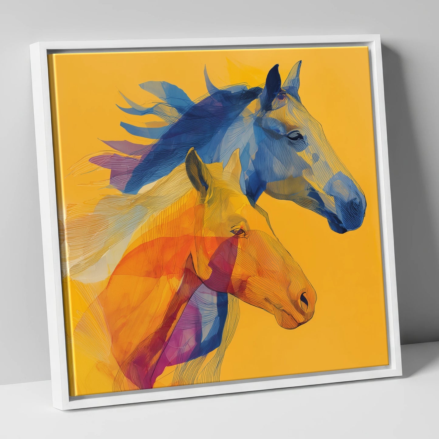 Cobalt and Amber Duet horse landscape canvas wall art in white frame