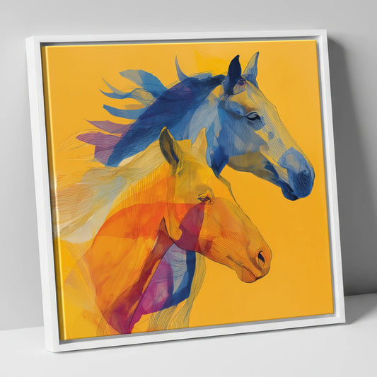 Cobalt and Amber Duet horse landscape canvas wall art in white frame