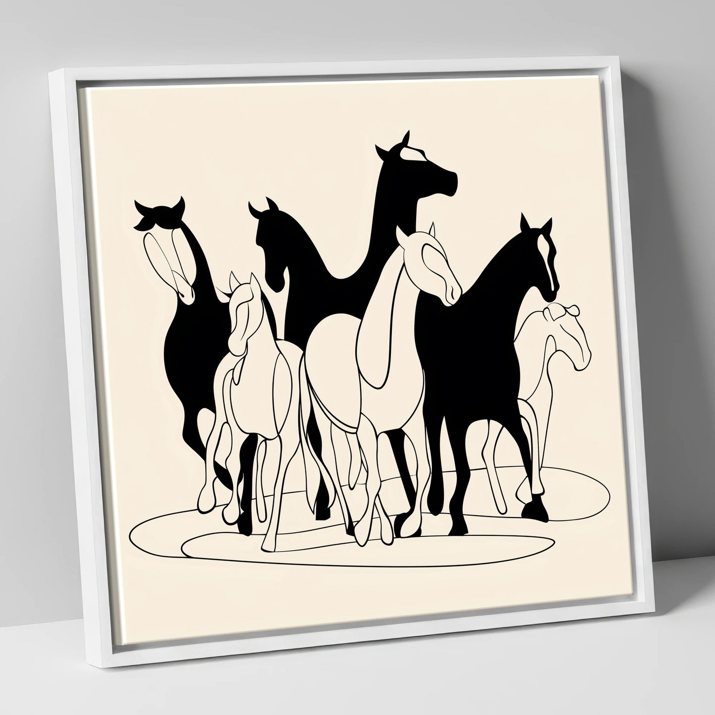 Monochrome Herd Silhouettes wild horses canvas wall art in white frame