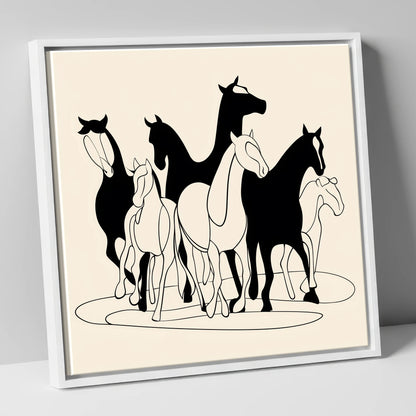 Monochrome Herd Silhouettes wild horses canvas wall art in white frame