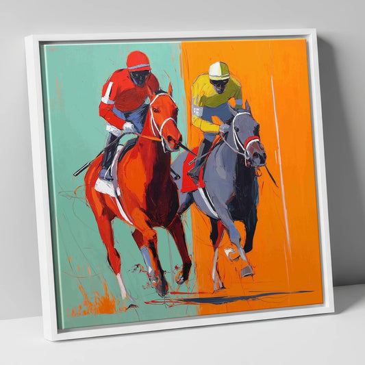 Neck and Neck racing horse canvas wall art in white frame