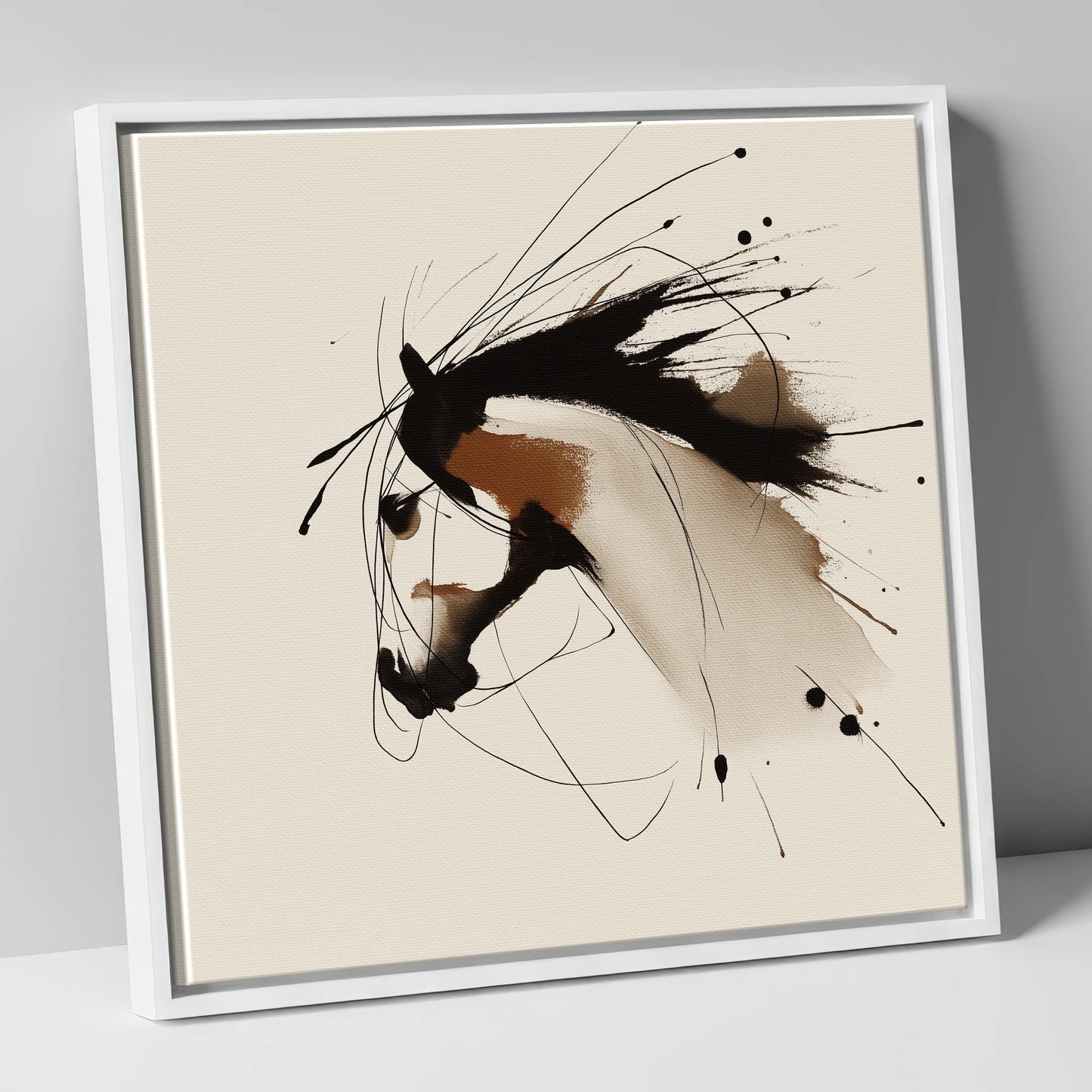 Ink Wash Equine Profile horse portrait canvas wall art in white frame