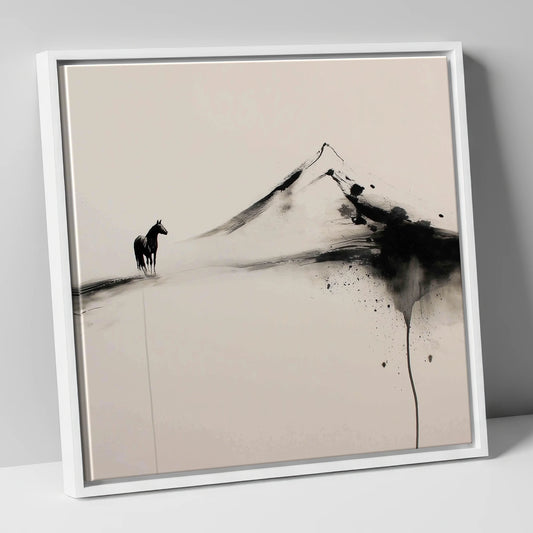 Solitary Mountain Silhouette horse landscape canvas wall art in white frame