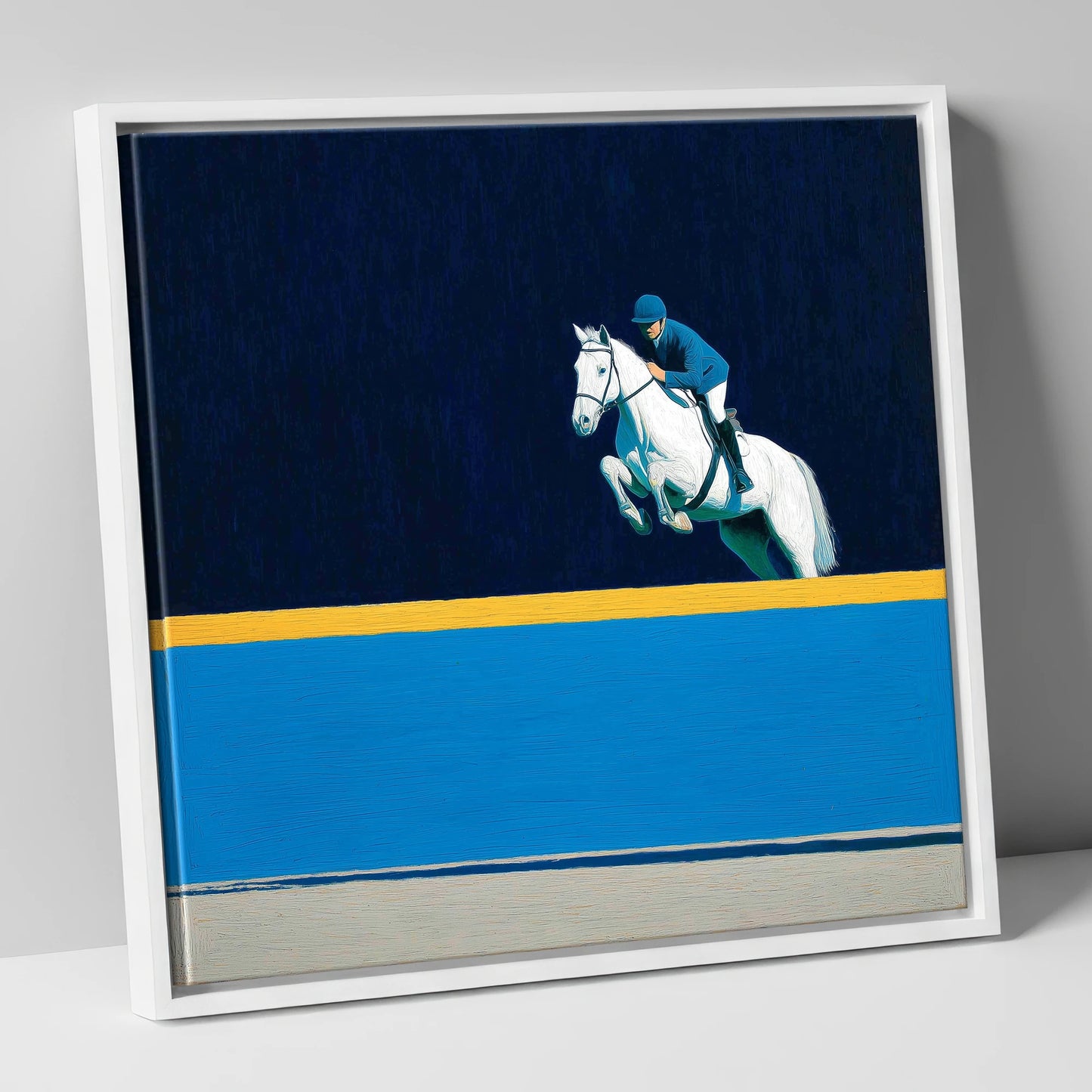 Airborne Over Azure show jumping horse canvas wall art in white frame