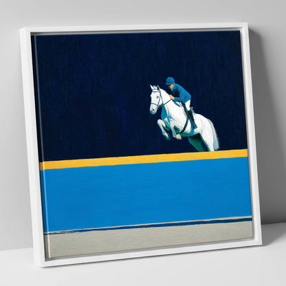 Airborne Over Azure show jumping horse canvas wall art in white frame