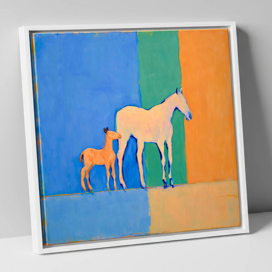 Cobalt and Terracotta Bond mare & foal canvas wall art in white frame