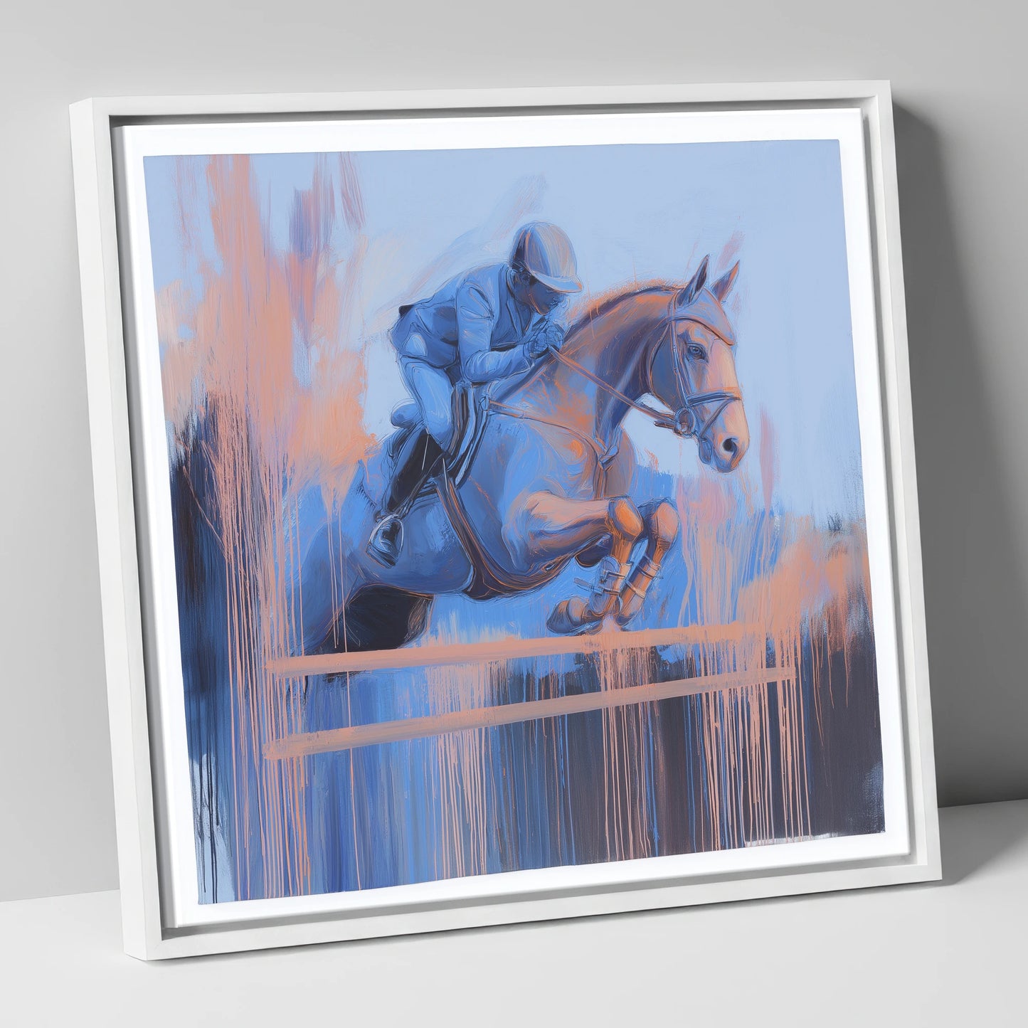 Momentum in Blue and Peach show jumping horse canvas wall art in white frame