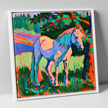 Vibrant Blue Horse Under Tree horse breed canvas wall art in white frame
