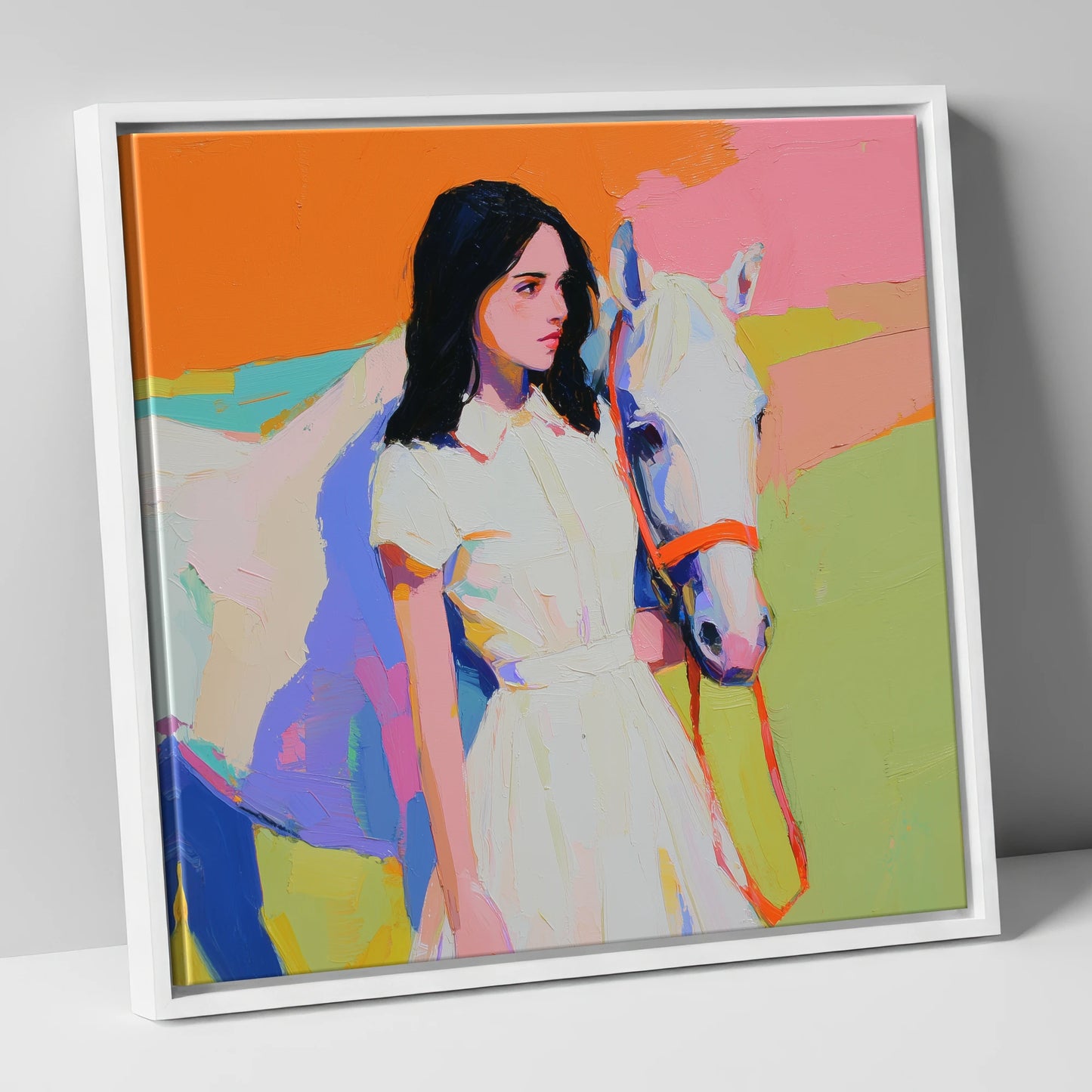 Painted Summer Bond horse & rider canvas wall art in white frame